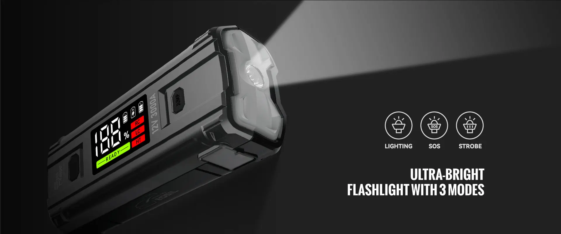 Ultrabright-Flashlight-SOS-Strobe-Lightening-Green-Keeper-GK-1203-Jump-Starter-3000A-12V-20000mAh-8.0Gas-8.0Diesel-Car-Jump-Starter-Portable-Jump-Starter-Jump-Starter-Battery-Pack-Portable-Car-Jump-Starter
