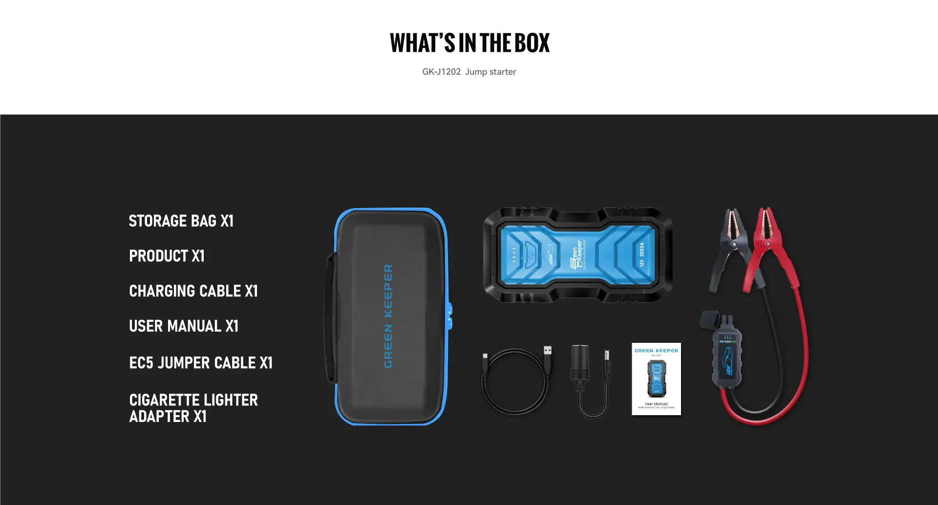 What's-In-The-Box--Green-Keeper-GK-1202-Jump-Starter-2000A-12V-16000mAh-7.0Gas-6.5Diesel-Car-Jump-Starter-Portable-Jump-Starter-Jump-Starter-Battery-Pack-Portable-Car-Jump-Starter-For-Car